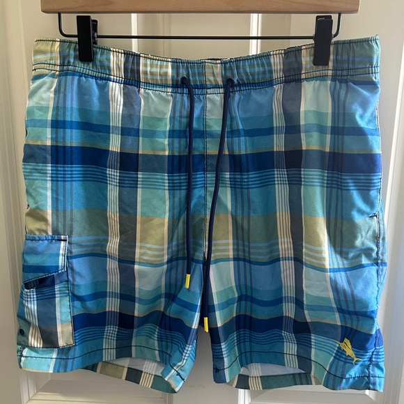 EUC Tommy Bahama size Small men’s swim trunks. Blue plaid. Drawstring. Pockets - Picture 1 of 8